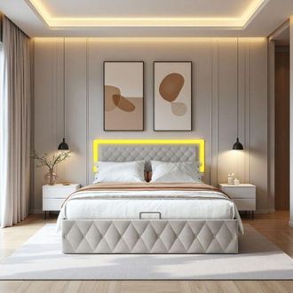 OEM Cama Con Arc&oacute;n 160x200 - Mecanismo Silencioso - Terciopelo Beige - Iluminaci&oacute;n Led Rgb - Gran Almacenamiento