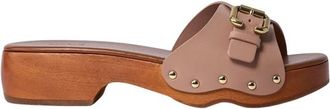 Chlo&eacute; Houten Zool Leren Sandalen Open Teen - Dames - Muiltjes - Roze - 37 EU - Leer - Schoenen