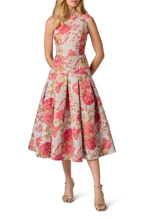 Adrianna Papell Floral Jacquard Fit & Flare Dress in Pink/Blue Multi at Nordstrom, Size 14