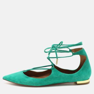 Aquazzura Green Suede Christy Ankle Wrap Flats