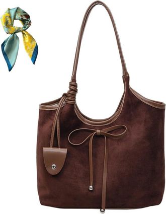 Generic Women Simple Commute Underarm Suede Purse with Bow,Brown Slouchy Hobo Shoulder Bags,Trendy Fall Tote Bag Work Daily (Coffee)