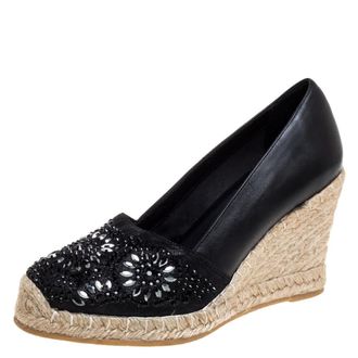 Le Silla Black Leather And Suede Embellished Wedge Espadrille Pumps