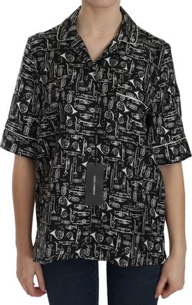 Dolce & Gabbana Womens Black Musical Instrument Print Silk Top