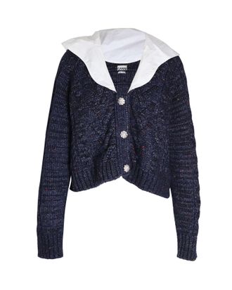 Ganni Ganni Cropped Embellished Poplin-collar Cable-knit Cardigan in Navy Blue Wool