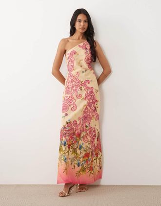 Asos Vestito lungo monospalla con taglio sbieco e stampa cutwork a fiori-Rosa