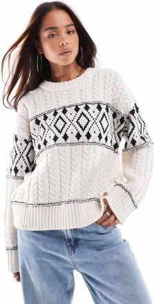 Only round neck argyle knitted sweater in white