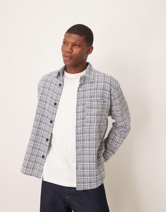 Selected Camicia giacca boucl&eacute; blu e crema a quadri-Bianco