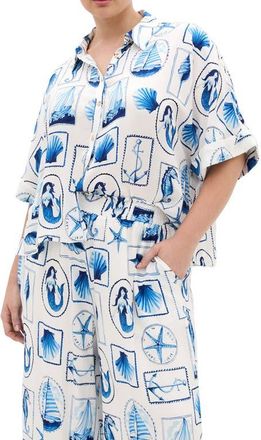 City Chic Liana Postcard Print Button-Up Shirt in Amalfi Postcard at Nordstrom, Size Xxxs