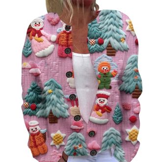 Generic Christmas Cardigans for Women UK Funny Xmas Tree Print Button Up Jumpers Open Front Warm Comfy Vintage Knitted Sweaters Lightweight Fall Outfits Women