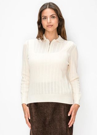 YAL New York Cream Quarter-Zip Polo Sweater in Pointelle Knit
