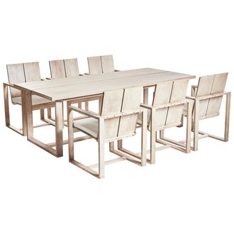 Beliani Conjunto De Jard&iacute;n R&uacute;stico 6 Plazas Mesa De Exterior 230 X 100 Cm Sillas Con Reposabrazos Y Cojines Blanco Crema Madera Clara Azzanello