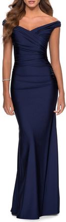 La Femme Off the Shoulder Prom Dress with Sweetheart Neckline in Navy at Nordstrom, Size 12