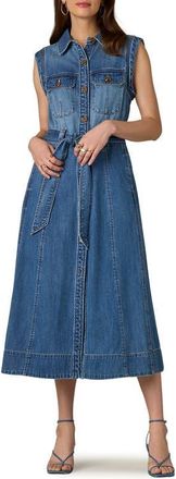 Wit & Wisdom Sleeveless Tie Belt Cotton Denim Shirtdress in Mid Blue at Nordstrom, Size X-Large