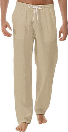 Generic 2024 Mens Linen Trousers Chino Pants Simple Fashion Walking Elastic Waist Pocket Yoga Loose Casual Straight Legs breathable soft skin friendly Sweatpa