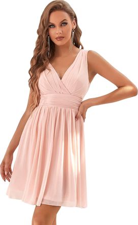 Ever-pretty Womens V Neck Empire Waist Midi A Line Short Prom Homecoming Dresses Pink 20UK