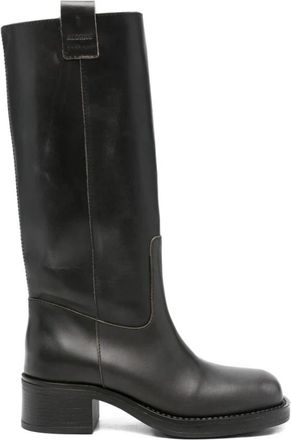 Alohas Zwarte Leren Blokhak Schoenen - Dames - Laarzen met Hak - Zwart - 41 EU - Schoenen