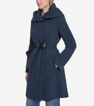Cole Haan Womens Belted Asymmetrical Zip Front Twill Coat - Blue Size 12