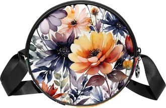 Generic Circle Crossbody Bag for Women, Floral Leaves Small Sling Bag Daypack with Zipper Adjustable Shoulder Straps Casual Ladies Girls Round Purse