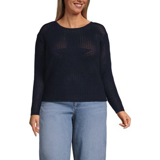 Lands End Cotton Viscose Mesh Jacquard Crew Neck Sweater in Radiant Navy at Nordstrom, Size 3X
