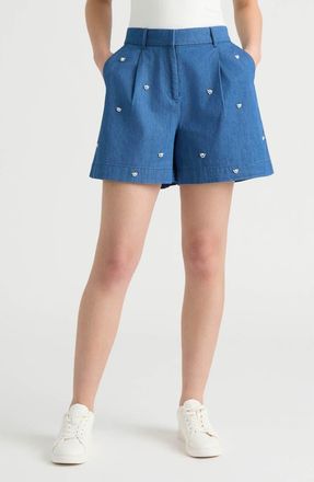 NVLT Faux Pearl Beaded Denim Shorts in Denim Blue at Nordstrom Rack, Size X-Small