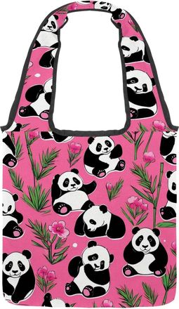 Generic Cute Panda on Pink Reversible Canvas Shoulder Tote - Double-Sided Print, 12oz Cotton, 27cm Drop, Fold-Flat Bag for Travel, Shopping, Street Outings
