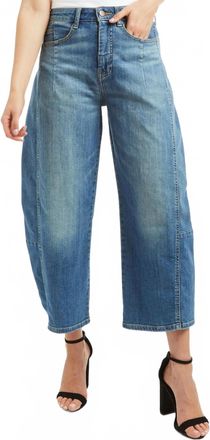 Tractr High Rise Barrel Crop Jean In Medium Indigo Wash