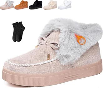 Generic POIOZXD Womens Bow Suede Platform Snow Fur Lined Ankle Boots Winter Boots for Women Suede Platform Slip on Fuzzy Lightweight Casual Loafers Warm Ankle