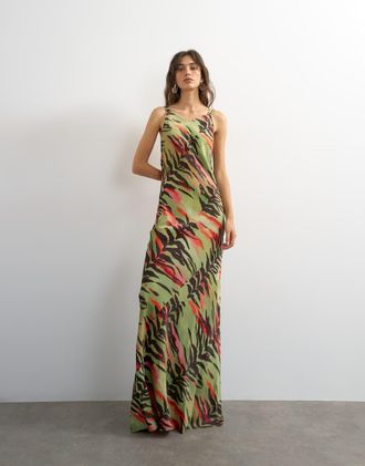 Topshop Vestito lungo in raso animalier vivace con spalline intrecciate-Multi