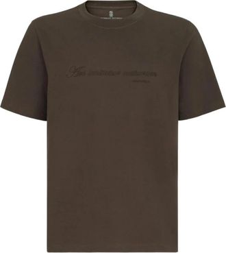 Brunello Cucinelli T-shirt met borduursel en print - Heren - T-shirts - Bruin - S - Katoen - Tops