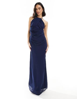 Tfnc Bridesmaid cross back maxi dress with cowl back in navy