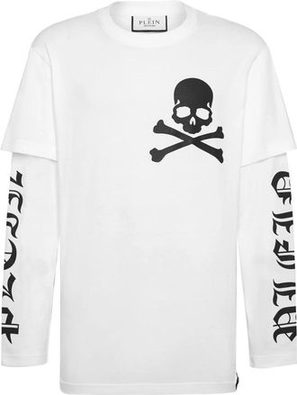 Philipp Plein T-Shirt Ronde Hals Dubbele Mouw Gothic Plein - Heren - Longsleeves - Wit - 4XL - Katoen - Tops