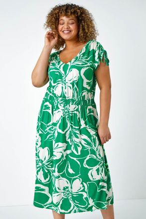 Roman Floral Print Ruched Stretch Midi Dress