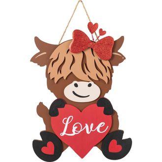 Glitzhome 18H Valentines Wooden Highland Cow with Heart Door Hanger in Red at Nordstrom, Size Medium