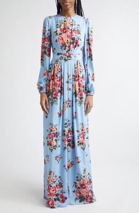 Dolce & Gabbana Flower Bouquet Print Long Sleeve Charmeuse Gown in Mazz.fiori F.celeste at Nordstrom, Size 8 Us
