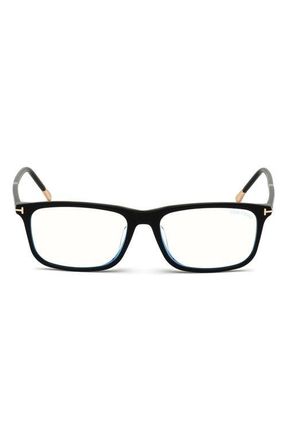 Tom Ford 57mm Rectangular Blue Light Blocking Optical Glasses in Black Rose Gold Temple at Nordstrom