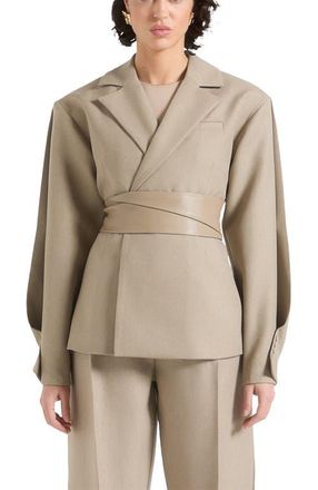 Mani&egrave;re De Voir Marie Twist Sleeve Tailored Blazer with Belt in Taupe at Nordstrom, Size 10