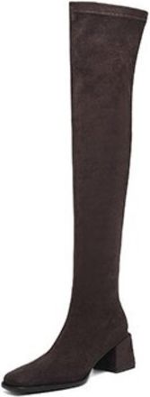 Generic Womens Retro Square Toe Faux Suede Over-The-Knee Boots Medium Block Heels Side Zipper Comfortable Non-Slip Wear-Resistant For Daily Casual Party,Brown