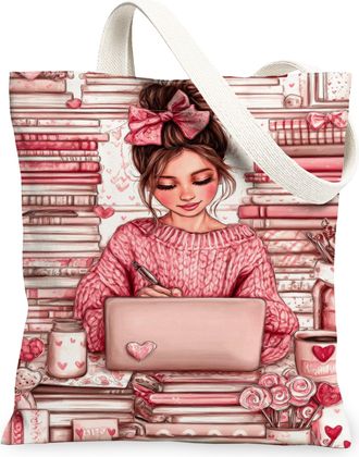 Generic ValentineS Day Hearts Canvas Tote Bags, Cute Romantic Pattern Reusable Shopping Bags, Lightweight Washable Shoulder Strap, Peach, 13x15 Inch