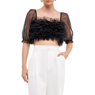 endless rose Ruffle Puff Sleeve Tulle Crop Top in Black at Nordstrom Rack, Size X-Small