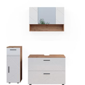 Vicco Conjunto De Muebles De Ba&ntilde;o Irma, Blanco Brillo Intenso/roble Dorado, 3 Piezas, Con Cajonera Y Mueble Midi