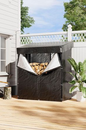 H&O Direct Outdoor Metal Tube Firewood Rack with Roof 4.4 ft W x 2.3 ft D in Black