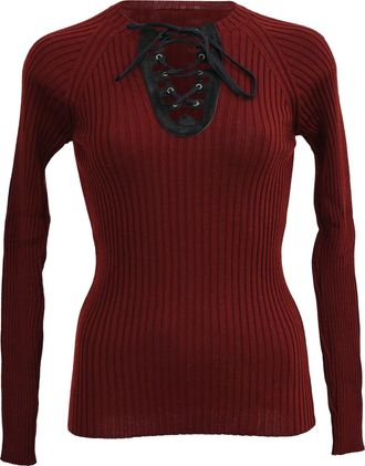 Jean Paul Gaultier Ribbed-Knit Lace-Up Accent Sweater in Burgundy Wool