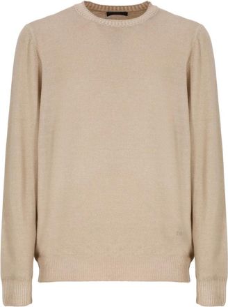 Fay Beige Wollen Trui met Geborduurd Logo - Heren - Ronde hals truien - Beige - S - Wol - Truien & Vesten