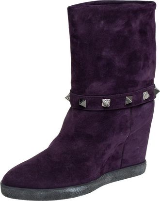 Le Silla Purple Suede Embellished Mid Calf Boots