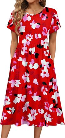 Generic Womens Summer Dress Womens Dresses Casual Dresses Chic Crew Neck Floral Print Petal Short Sleeve Tied Midi Dress with Pockets Long Sundress for Female