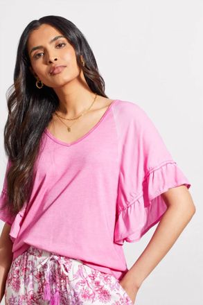 Tribal Raglan Pop Over V-Neck Short Sleeve Top In Pink