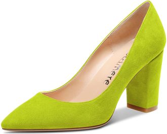 Castamere Womens Mid Chunky Block Heel Pointed Toe Slip-on Office Pumps Court Shoe Wedding Dress Cute Classic Shoes 8CM Heels Lime Green Suede 2.5 UK