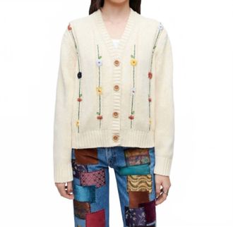 Re/Done Pre-Loved 50S V-Neck Cardigan With Floral Embroidered Vines In Vintage Ivory