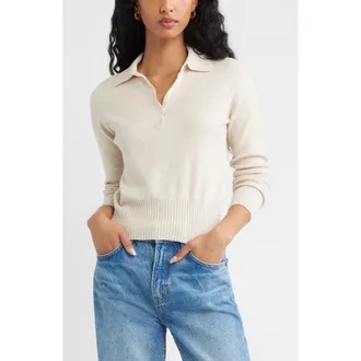 Open Edit Long Sleeve Polo Sweater in Beige Oatmeal Light Heather at Nordstrom, Size Xx-Small