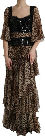 Dolce & Gabbana Womens Sequin Leopard Print Tiered Maxi Dress - Black Silk - Size EU 40 (Womens)